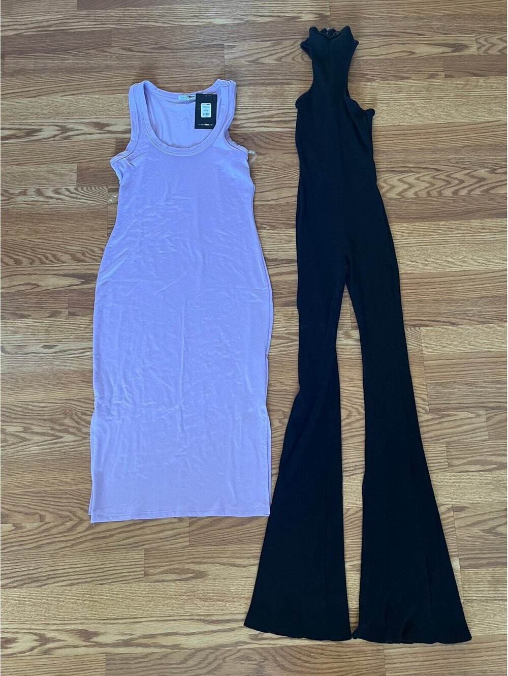 Fashion Nova Size Medium, purple Dress NWT and black jumpsuit